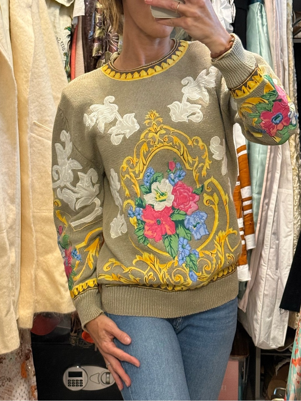 Vintage Bonnie Boerer Floral Appliqué Ramie Cotton Sweater Petite Art Knit
